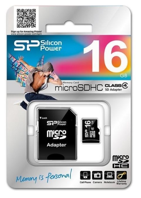 Silicon Power 16 GB, MicroSDHC, Flash memory class 4, SD adapter