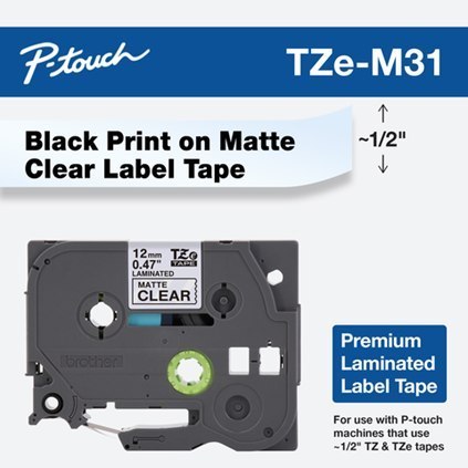 Brother Black on Clear Matte Laminated Tape TZeM31 Black on transparent background, TZe, 8 m, 1.2 cm