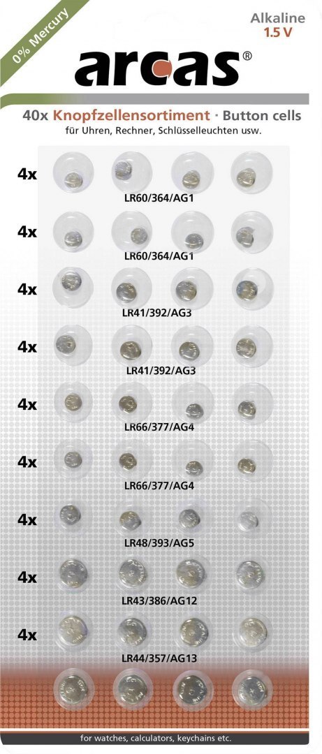 Arcas | AG Set (8xAG1, 8xAG3, 8xAG4, 8xAG13, 4xAG5, 4xAG12) | Alkaline Button Cell | 40 pc(s)