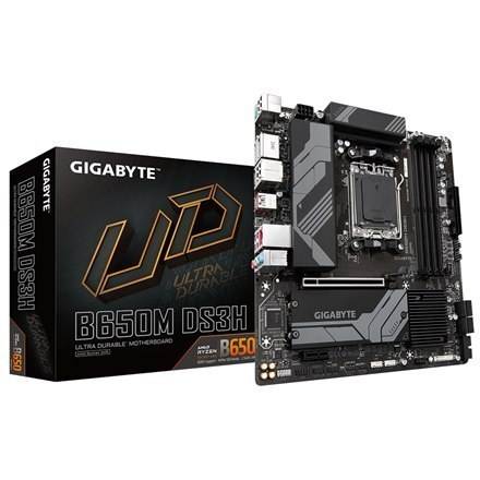 Gigabyte | B650M DS3H 1.0 M/B | Rodzina procesorów AMD | Gniazdo procesora AM5 | DDR5 DIMM | Gniazda pamięci 4 | Obsługiwane int