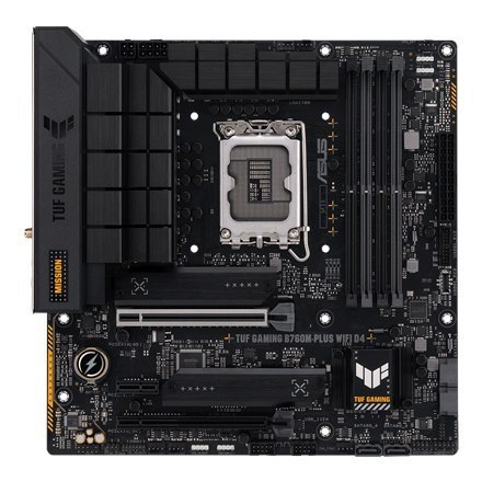 Asus | TUF GAMING B760M-PLUS WIFI D4 | Rodzina procesorów Intel | Gniazdo procesora LGA1700 | DDR4 DIMM | Gniazda pamięci 4 | Ob