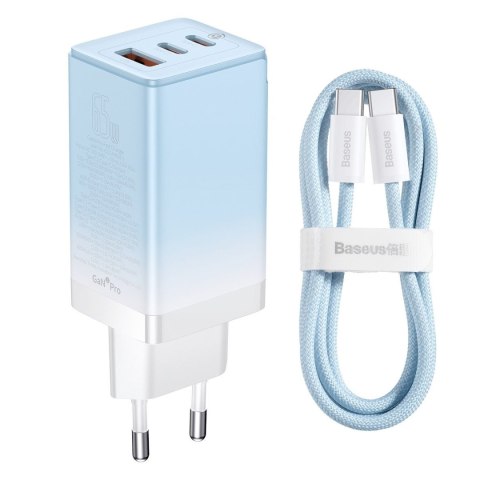 Szybka ładowarka sieciowa GaN 2x USB-C / USB 65W QC PD - niebieski