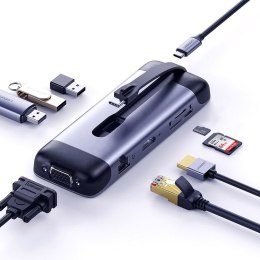 Wielofunkcyjny HUB port 9w1 USB-C do HDMI 3x USB czytnik kart SD micro SD VGA RJ45 USB-C - szary