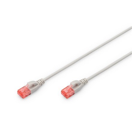 Digitus | Patch cord | CAT 6 U-UTP Kabel węższy | 2 m | Szary | Modułowy wtyk RJ45 (8/8) | Przezroczysty czerwony kolorowy kone