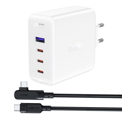 Szybka ładowarka sieciowa GaN 3x USB-C 1x USB-A + kabel kątowy USB-C 100W 2m biały