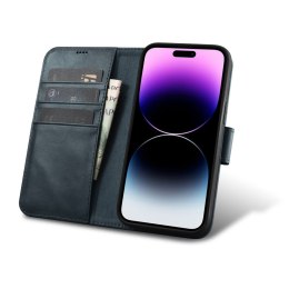 2w1 etui skórzany pokrowiec z klapką iPhone 14 Pro Anti-RFID Oil Wax Wallet Case niebieski