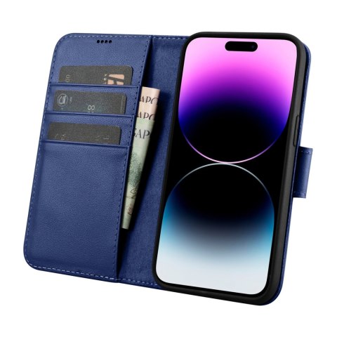 2w1 etui skórzany pokrowiec z klapką iPhone 14 Pro Anti-RFID Wallet Case niebieski