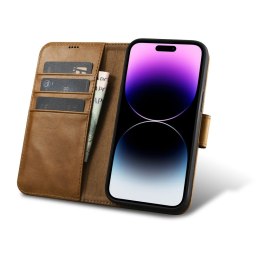 2w1 etui skórzany pokrowiec z klapką iPhone 14 Pro Max Anti-RFID Oil Wax Wallet Case jasno-brązowy