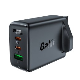 Ładowarka sieciowa wtyczka angielska UK GaN 65W 1x USB 2x USB-C PD czarna