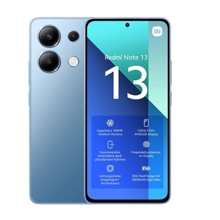 Xiaomi Redmi Note 13 w kolorze Ice Blue z ekranem AMOLED 6.67" i aparatem głównym 108+8+2 MP. Snapdragon 685, 6 GB RAM, 128 GB p