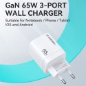 Ładowarka sieciowa GaN 65W 100-240V USB-A 2x USB-C biała