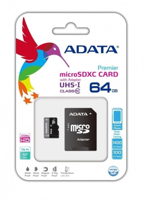 ADATA | Premier UHS-I | 64 GB | MicroSDXC | Klasa pamięci Flash 10 | Adapter SD | Gwarancja 24 miesiące