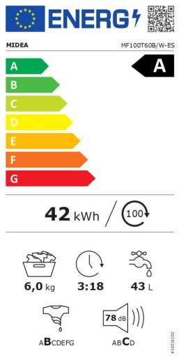 Midea Washing Machine | MF100T60B/W | Energy efficiency class A | Top loading | Washing capacity 6 kg | 1200 RPM | Depth 61 cm |